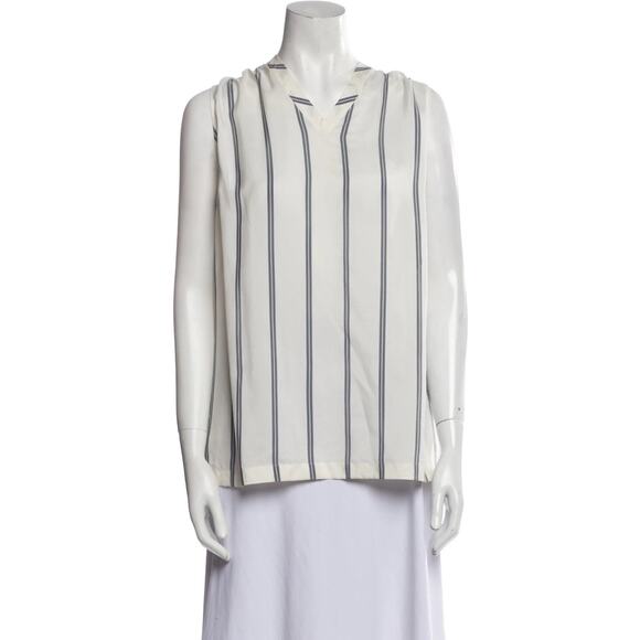 Brunello Cucinelli Silk Striped Sleeveless Blouse Top White Blue M Italy V-neck - Picture 2 of 14